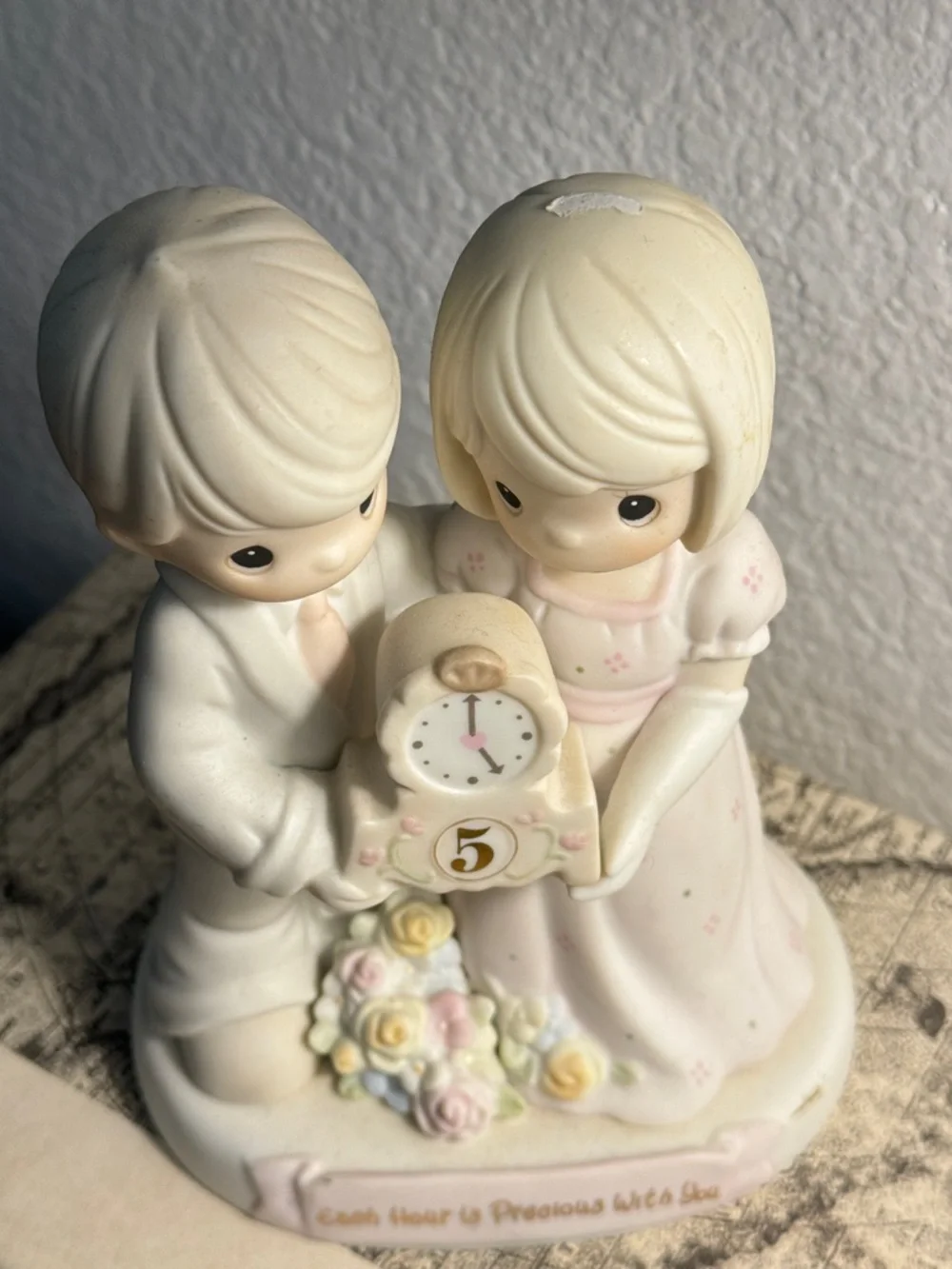 Precious Moments Cream and Pink Porcelain Couple Figurine with Clock